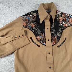 Miss Rodeo America Western Shirt Womens 15/16 Tan Floral Yoke Snap Front Vintage